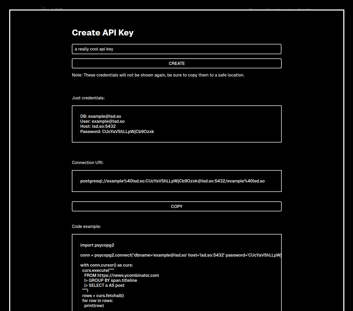 Screenshot of API key modal