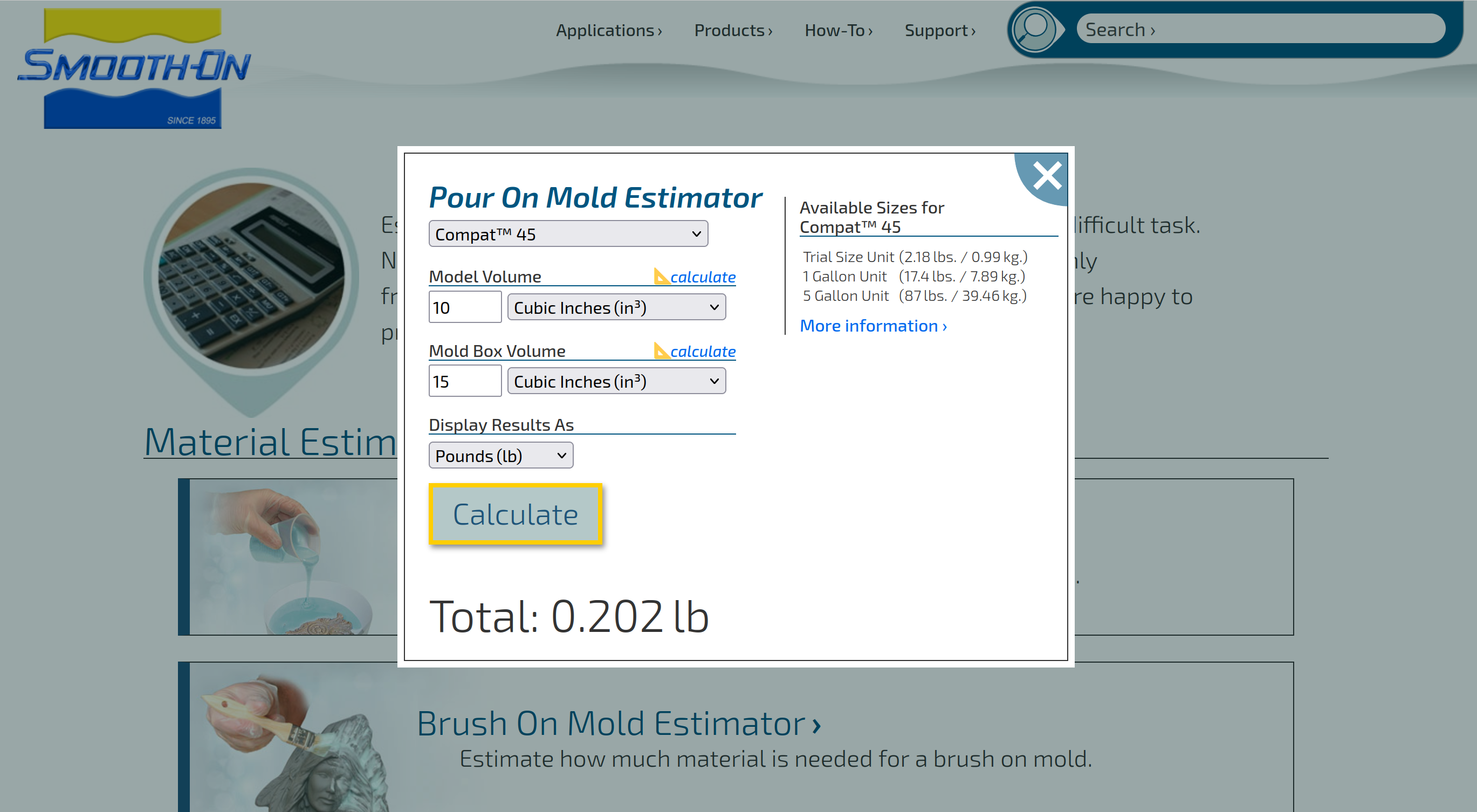 Screenshot of Smooth-On pricing calculator